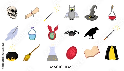Magic stickers. Collection of mystical magic items. Vector illustration.