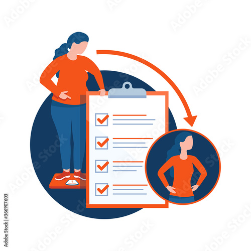 Weight loss diet program conceptual icon - isolated illustration with woman standing on weights and measuring herself and checklist