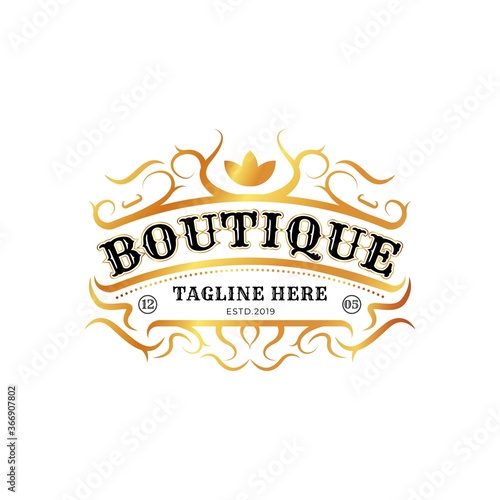Boutique Vintage Retro Badge Label Emblem Logo. Vintage logo with golden color, premium logo, vector illustrations.