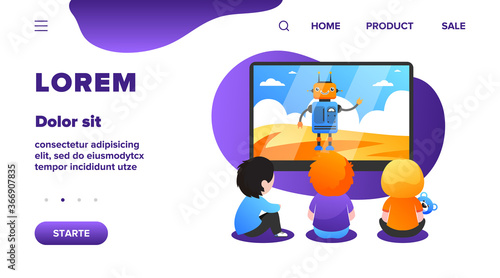 Children watching cartoon with robot. TV, screen, toy flat vector illustration. Childhood and digital technology concept for banner, website design or landing web page