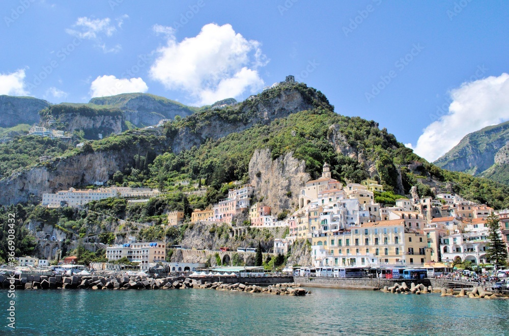 Old Mediterranean Italian town Amalfi coastline nature panorama blue sky mountains clouds horizon sea bay background
