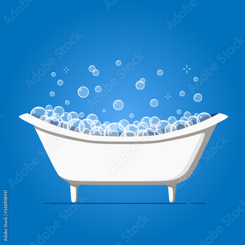 Bathtub with soap bubbles. Foam shower in bath on blue background. Vector illustration