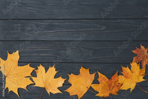 Εκτύπωση καμβά autumn leaf on wood black background (top view) orange leaf on old grunge wood d