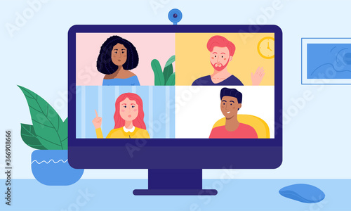 Four friends on desktop screen chatting via video call conference. Young man and women having conversation at online party. Online meeting of team members during remote working. New normal.