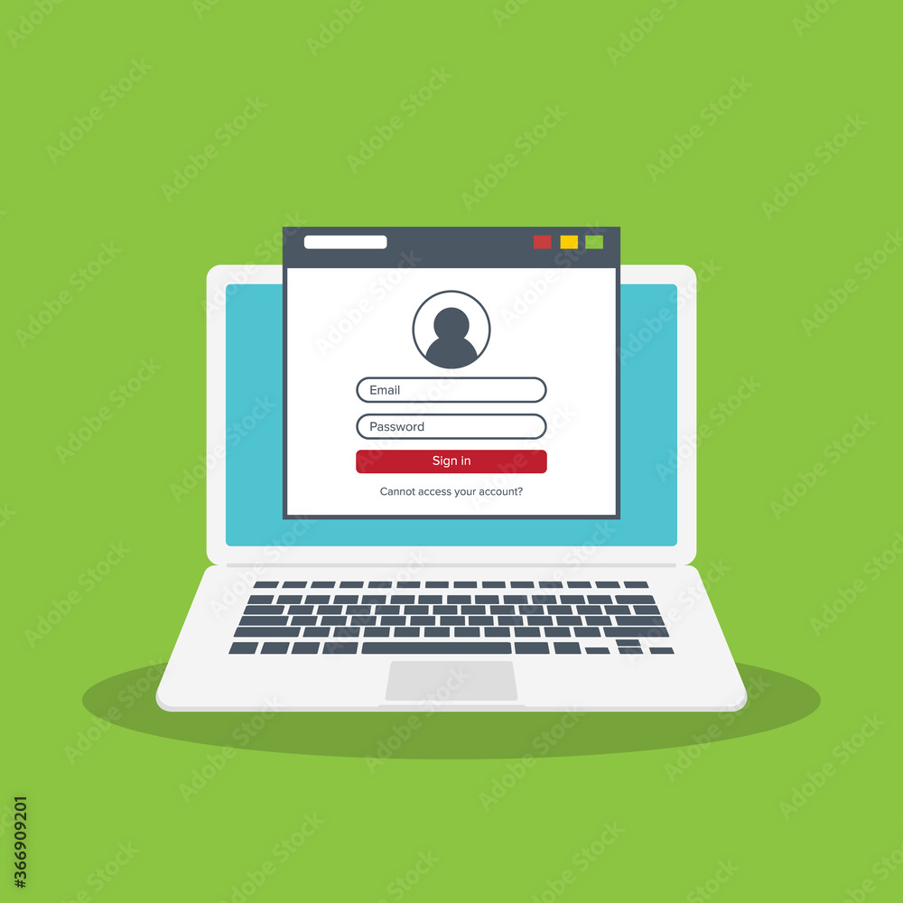 Login page on laptop screen. Notebook and online login form, sign in page. User profile, access to account concepts. Vector illustration. Login page on laptop screen. Notebook and online login form, sign in page. User profile, access to account concepts. Vector illustration.
