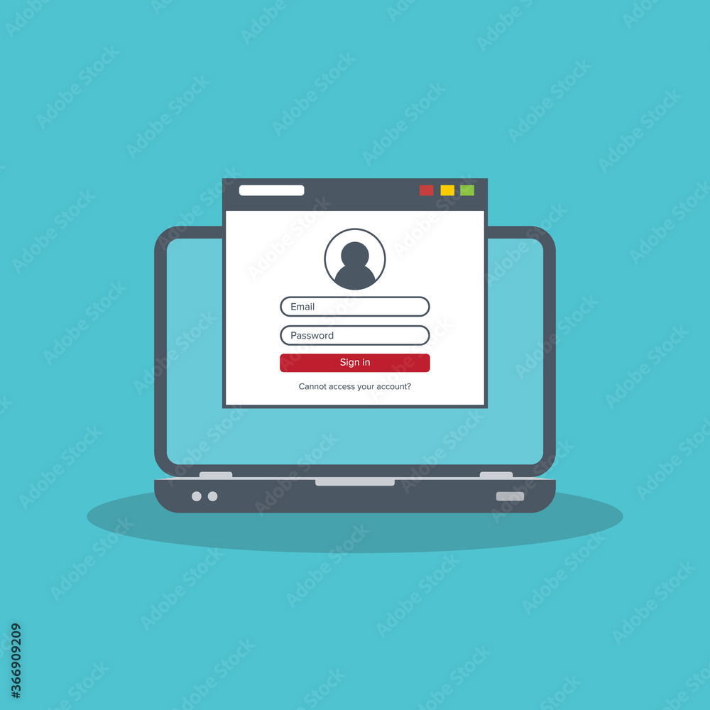 Login page on laptop screen. Notebook and online login form, sign in page. User profile, access to account concepts. Vector illustration. Login page on laptop screen. Notebook and online login form, sign in page. User profile, access to account concepts. Vector illustration.