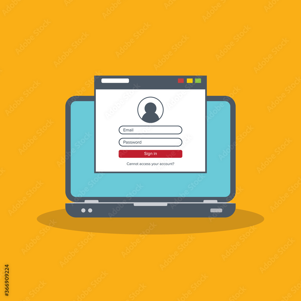 Login page on laptop screen. Notebook and online login form, sign in page. User profile, access to account concepts. Vector illustration. Login page on laptop screen. Notebook and online login form, sign in page. User profile, access to account concepts. Vector illustration.