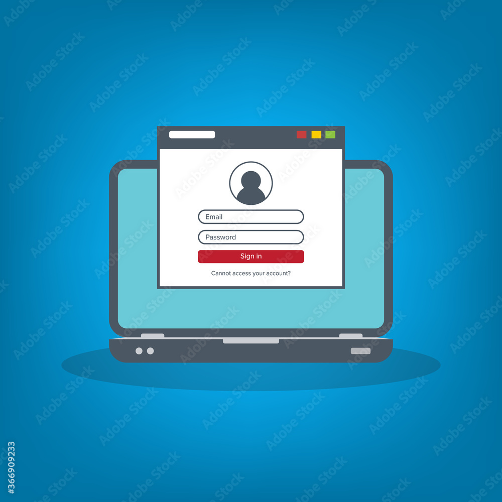 Login page on laptop screen. Notebook and online login form, sign in page. User profile, access to account concepts. Vector illustration. Login page on laptop screen. Notebook and online login form, sign in page. User profile, access to account concepts. Vector illustration.