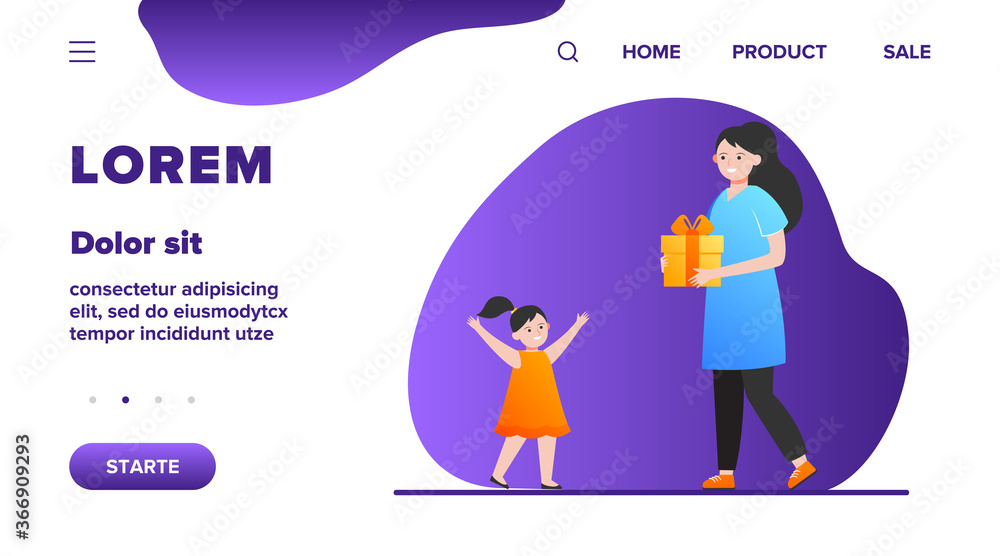 Happy mother holding gift for little daughter. Present, kid, love flat vector illustration. Parenthood and family concept for banner, website design or landing web page Happy mother holding gift for little daughter. Present, kid, love flat vector illustration. Parenthood and family concept for banner, website design or landing web page