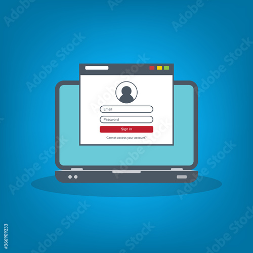 Login page on laptop screen. Notebook and online login form, sign in page. User profile, access to account concepts. Vector illustration.
