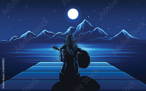 Girl playing guitar of the night vector