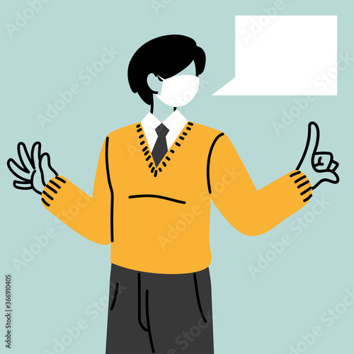 businessman with face mask and speech bubble
