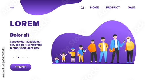 Man from infant to pensioner evolution. Adult, life, cycle flat vector illustration. Growth cycle and generation concept for banner, website design or landing web page