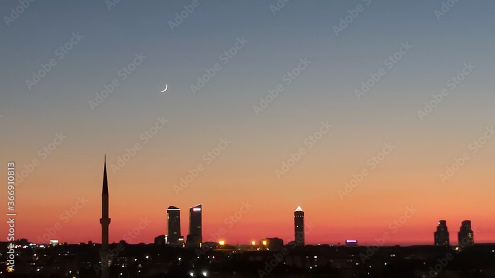 Sunset view in Istanbul with moon Sunset view in Istanbul with moon