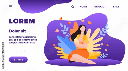 New mother feeding baby with breast. Young woman holding little child in arms. Vector illustration for breastfeeding, health, baby food, motherhood, care concept