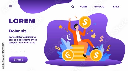 Happy businessman earning money flat vector illustration. Cartoon millionaire or banker holding huge coin. Finance growth and market concept