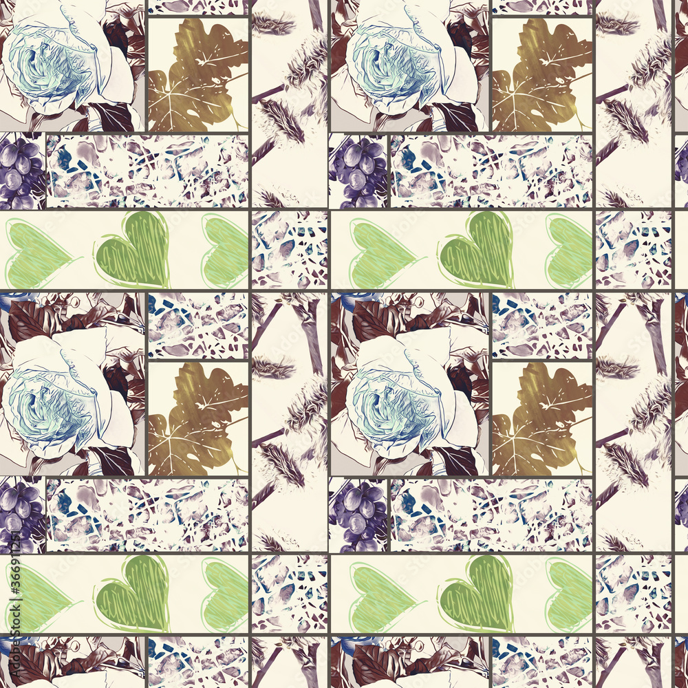 Patchwork, roses, leaves, willows, grape, stone, hearts, seamless pattern in watercolor art.