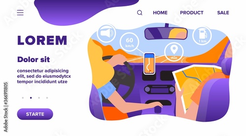 Driver and passenger navigating on road within map and mobile app. Back view of people inside car interior. Vector illustration for navigation, driving, travel, transportation concept
