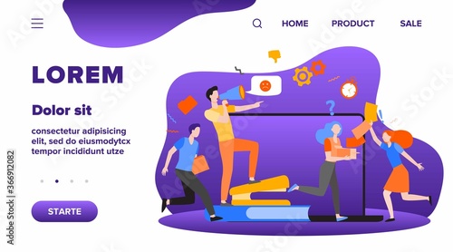 Angry boss with megaphone shouting at employees for missing deadline. Office workers running in chaos, panic and hurry. Vector illustration for overwork, project failure, stress at workplace topics