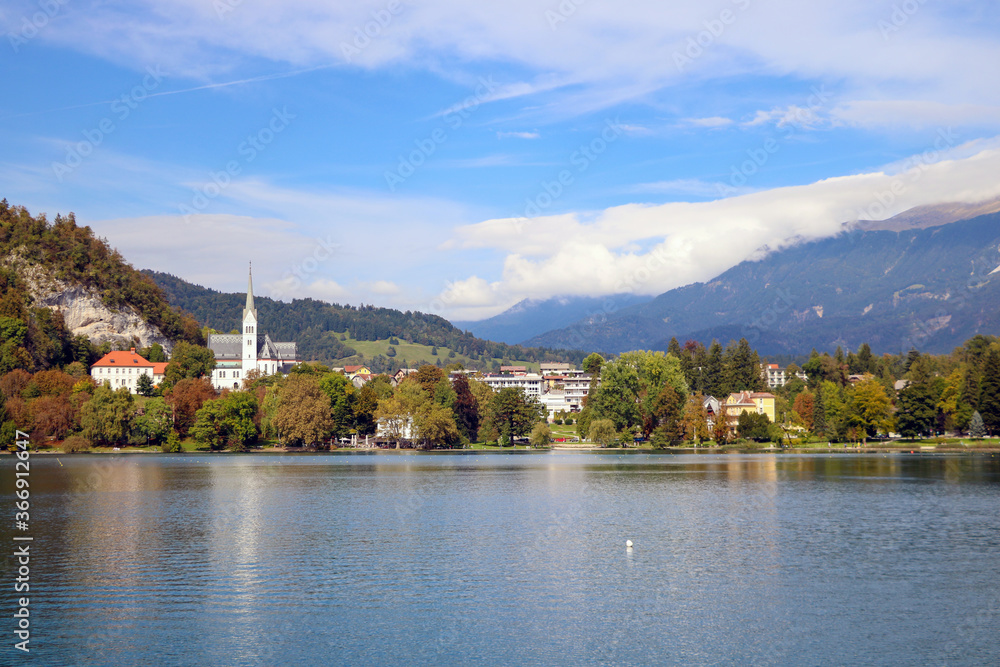 Bohinj lake shore with mountain views in Slovenia.