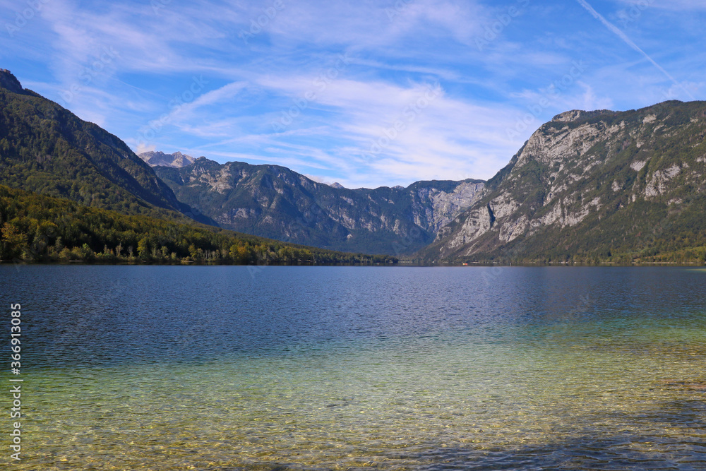Morning on the Bohinj lake in Triglav national park Slovenia, Alps, Europe.