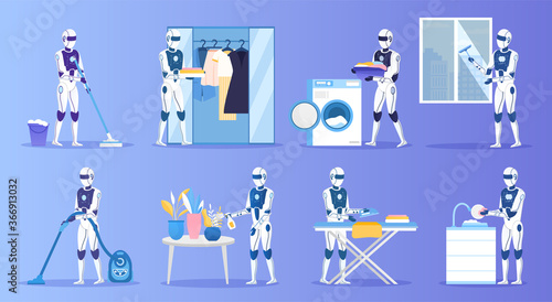 Collection of robot housekeepers. Domestic robot housekeeping. Futuristic Technologies Concept. Artificial Intelligence. Robot assistant. Flat Vector Illustration.