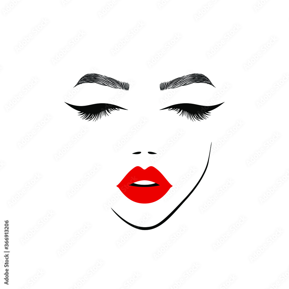 Fototapeta premium Woman face with red lips for Beauty Logo, sign, symbol, icon for salon, spa salon, hairdressing, firm company or center. Vector illustration