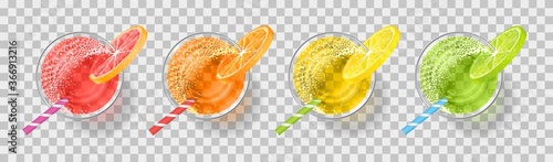 Glasses with fresh citrus juice on a transparent background. Top view. Drink, cocktail, alcohol in the glass. View from above.