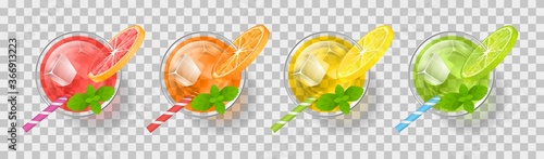 Glasses with juice on a transparent background. Glasses with fresh citrus juice, ice, mint, a slice of citrus. Top view. Drink, cocktail, alcohol in the glass. View from above.