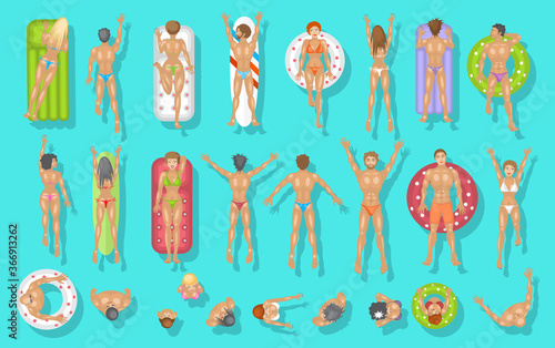 People swim on inflatable circles, inflatable mattresses, surfboards. Top view. Summer time. Men and women swim in the ocean, sea, river, lake, water. View from above.