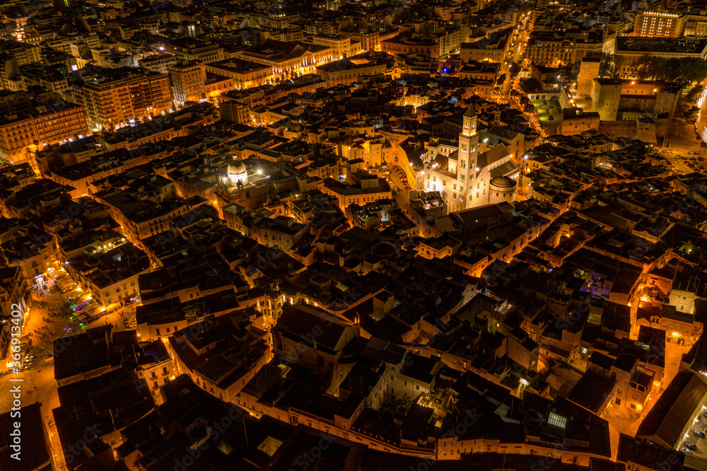 Cathedral Church of San Sabino Bari Italy,  night landscape aerial drone shot old bari
