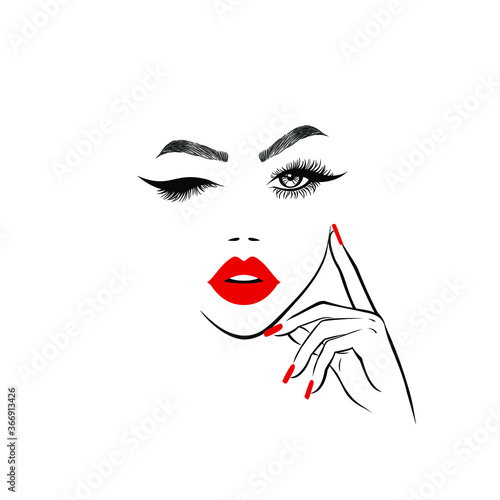 Beautiful woman face with red lips  lush eyelashes  one eye open one closed  hand with red manicure nails. Spa salon. Beauty Logo. Vector illustration