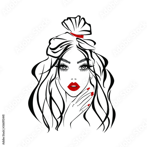Beautiful woman, sexy face, red lips, hand with red manicure nails, fashion woman, element design, nails studio, curly hairstyle, hair salon sign, icon. Beauty Logo. Vector illustration.