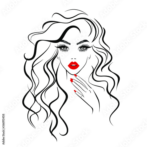 Beautiful woman, sexy face, red lips, hand with red manicure nails, fashion woman, element design, nails studio, curly hairstyle, hair salon sign, icon. Beauty Logo. Vector illustration.