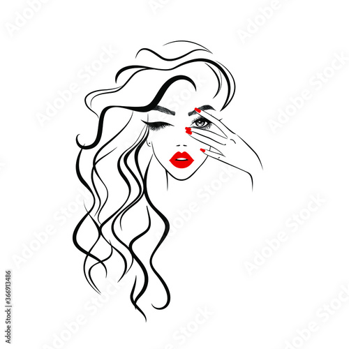 Beautiful fashion woman, sexy face, red lips, hand with red manicure nails, art nails studio, curly hairstyle, hair salon sign, icon. Beauty Logo. Vector illustration.