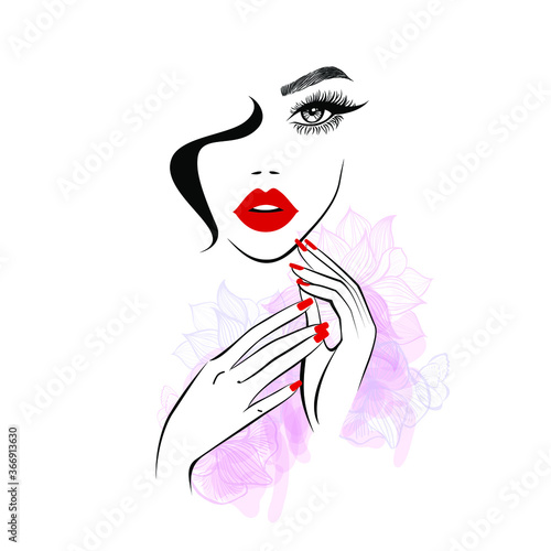 Red lips, hand with red manicure nails. Beauty Logo, nails art, eyelash extension. Vector illustration, diadem flowers, floral motive, abstract flowers, spa salon, sign, symbol, nails studio.