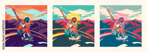 Sports girl on a longboard in the summer rides on the road. Extreme sports, vivid illustration, sunset sky and beautiful landscape. Poster for a sports store.