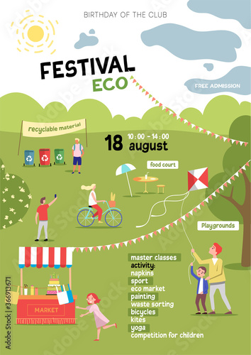 Summer holiday, birthday. A festive poster for a festival in nature. Environmental theme, waste sorting, games, entertainment, food court, lots of cheerful young people.