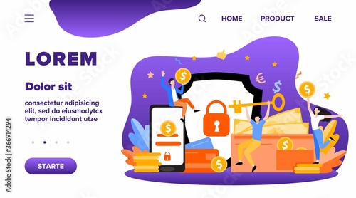 Happy people protecting money isolated flat vector illustration. Men and woman holding key from shield or coins and protecting bank deposit. Financial safety and business insurance concept