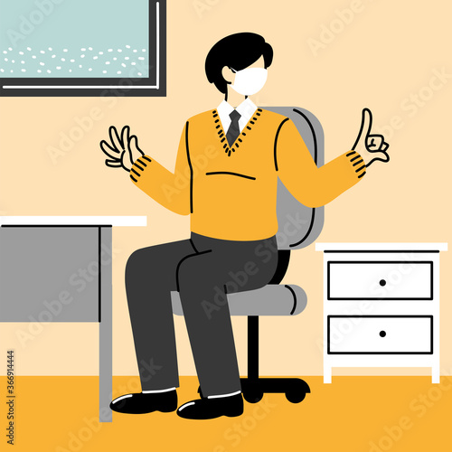 businessman wears mask and keeps distance in office