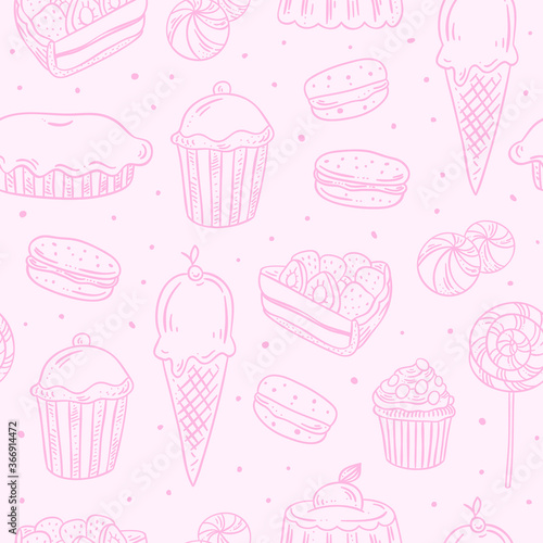 Sweet food vector pattern. Seamless background with ice cream  cakes and cupcakes. Pink color cute seamless pattern with hand drawn desserts