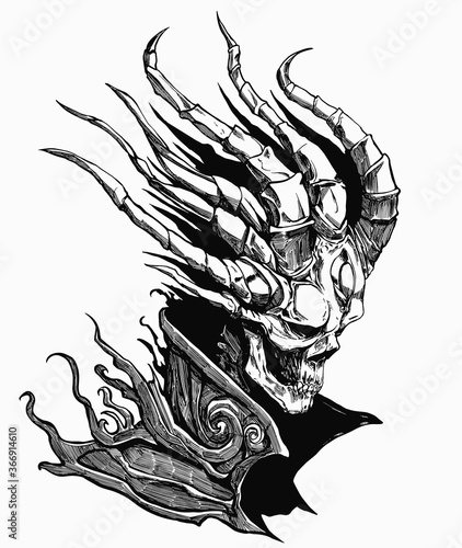 A skeleton with many horns in an unusual jacket looks down sadly, a line art with many strokes. 2D illustration.