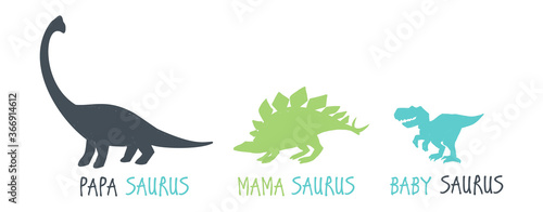 Cute dinosaurs family  papa saurus  mama saurus  baby dinosaurus. Doodle b-day party t-shirt design. Funny dino anniversary. Textile design for baby boy on white background. Vector illustration