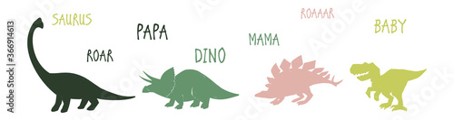 Cute dinosaurs family: papa saurus, mama saurus, baby dinosaurus. Doodle b-day party t-shirt design. Funny dino anniversary. Textile design for baby boy on white background. Vector illustration