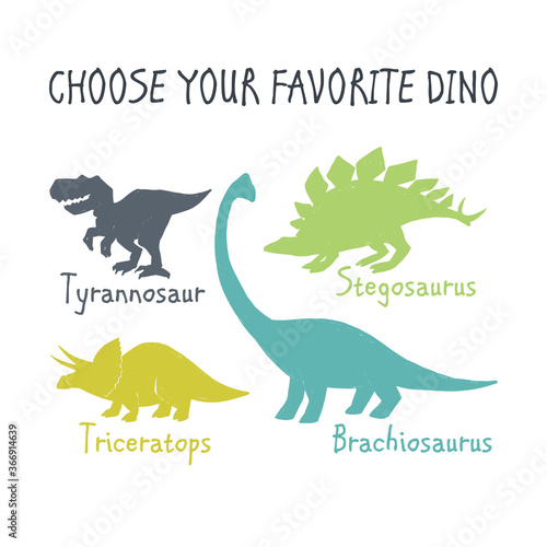 Dinosaurs t-shirt design. Cute dinosaur doodle textile print. Funny Dino collection. Textile design for baby boy on white background. Cartoon monster vector illustration.