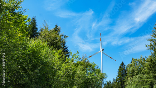 Wind power background - Blue cloudy sky with many windmill / wind turbines and green trees in the forest in Germany ( Black Forest )