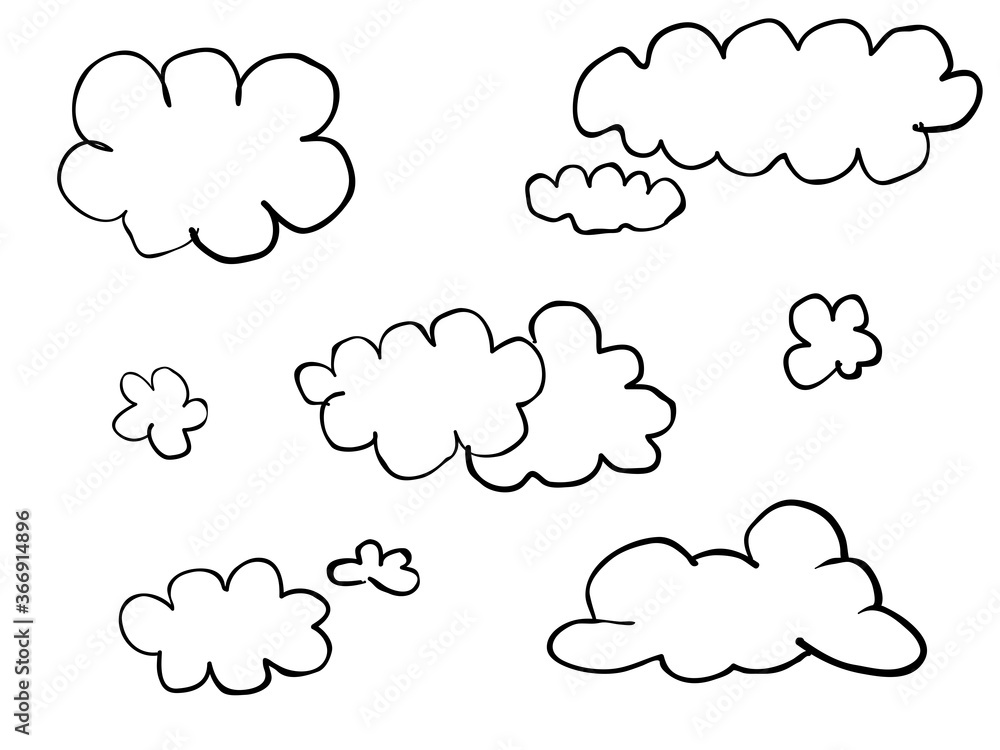 isolated black childish  hand drawn clouds set  line art vector design
