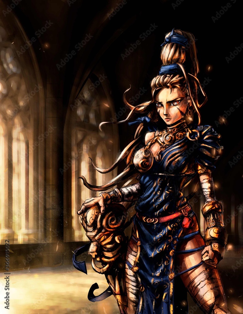 Beautiful girl warrior in anime style, in a blue suit with gold patterns and a totem in her right hand, against the background of a Gothic Cathedral 2D illustration. Beautiful girl warrior in anime style, in a blue suit with gold patterns and a totem in her right hand, against the background of a Gothic Cathedral 2D illustration.