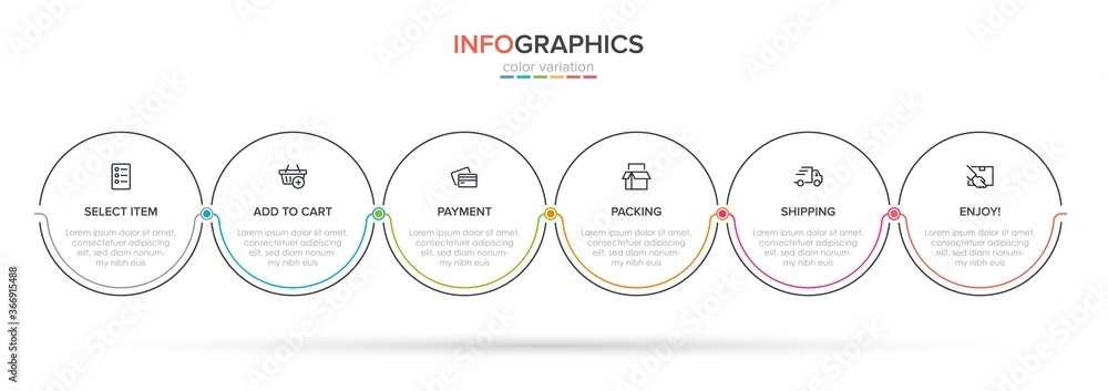 Naklejka premium Concept of shopping process with 6 successive steps. Six colorful graphic elements. Timeline design for brochure, presentation, web site. Infographic design layout.