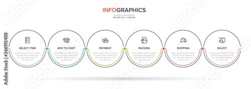 Concept of shopping process with 6 successive steps. Six colorful graphic elements. Timeline design for brochure, presentation, web site. Infographic design layout.